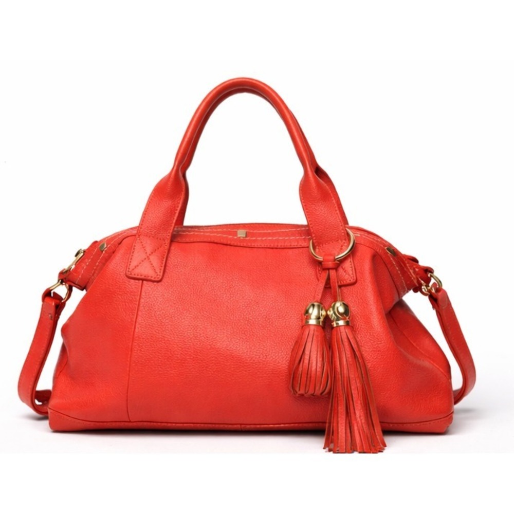 Cuore & Pelle Womens Large‎ Satchel Tote Orange Leather Tassels Adjustable Strap
